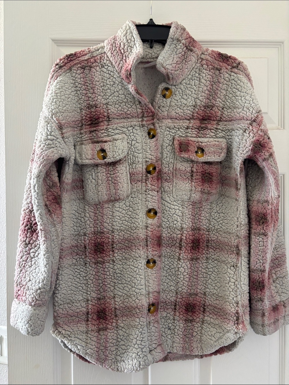 Ladies Plush Sherpa Button-Up Jacket in Pink Plaid